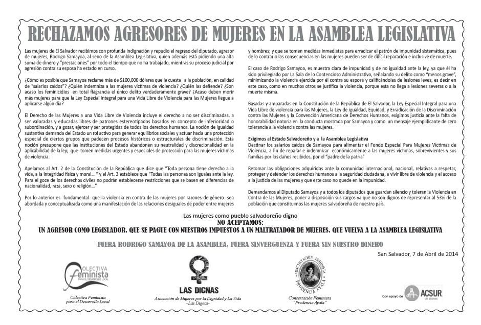 COMUNICADO: RECHAZAMOS AGRESORES DE MUJERES EN LA ASAMBLEA LEGISLATIVA