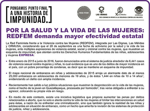 POR LA SALUD Y LA VIDA DE LAS MUJERES: REDFEM DEMANDA MAYOR EFECTIVIDAD ESTATAL