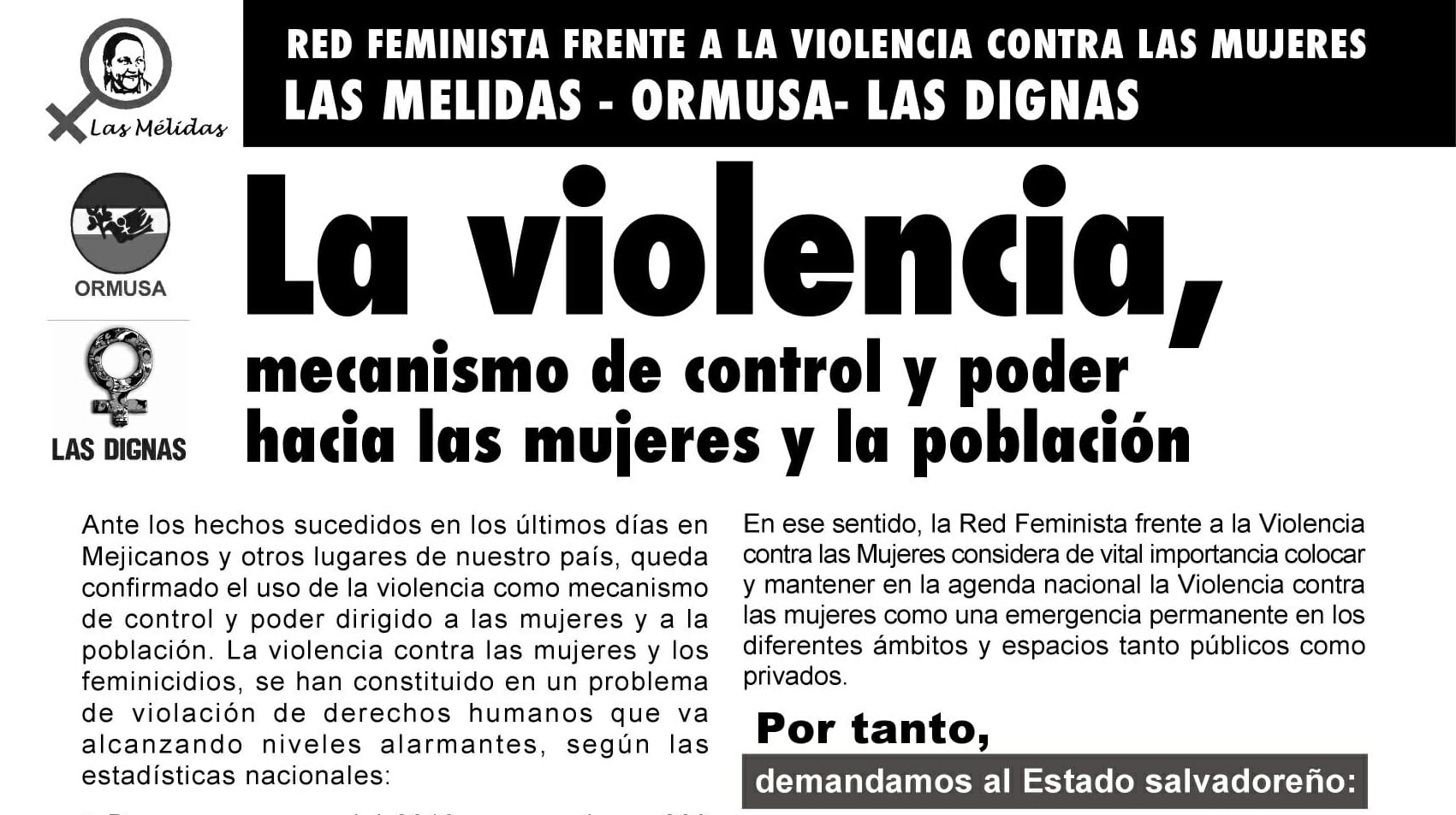COMUNICADO   LA VIOLENCIA, MECANISMO DE CONTROL Y PODER HACIA LAS MUJERES Y LA POBLACIÓN | 30JUN 2010