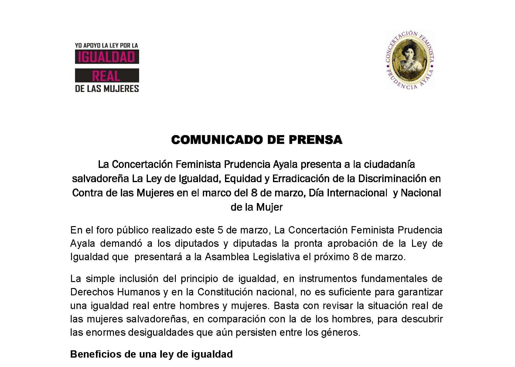 Ley de Igualdad, Equidad y Erradicación de la Discriminación en contra de las Mujeres |COMUNICADO 08MAR 2010