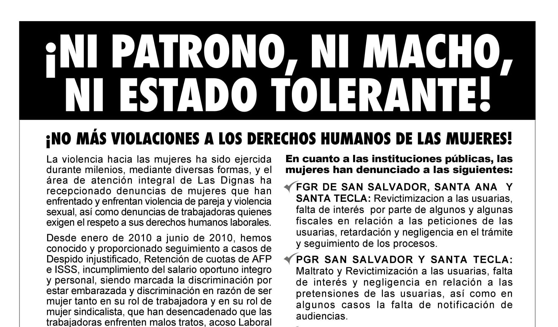 ¡NI PATRONO, NI MACHO, NI ESTADO TOLERANTE!  |COMUNICADO 30AGO 2010
