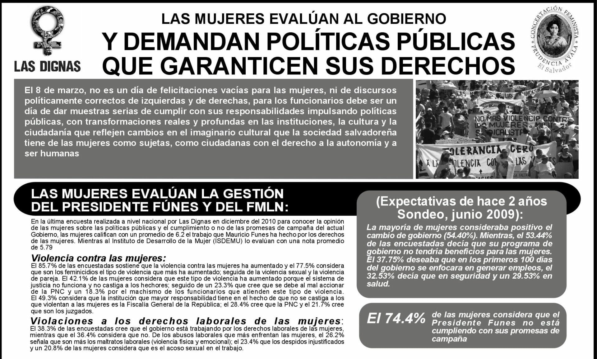LAS MUJERES EVALÚAN AL GOBIERNO Y DEMANDAN POLÍTICAS PÚBLICAS QUE GARANTICEN SUS DERECHOS | COMUNICADO 08MARZO 2011