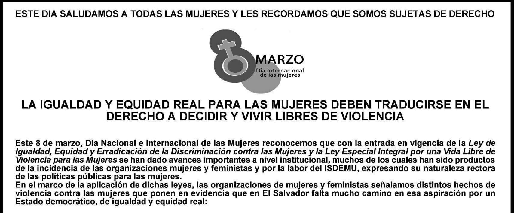 LA IGUALDAD Y EQUIDAD REAL PARA LAS MUJERES DEBEN TRADUCIRSE EN EL DERECHO A DECIDIR Y VIVIR LIBRES DE VIOLENCIA | COMUNICADO 8MAR 2013