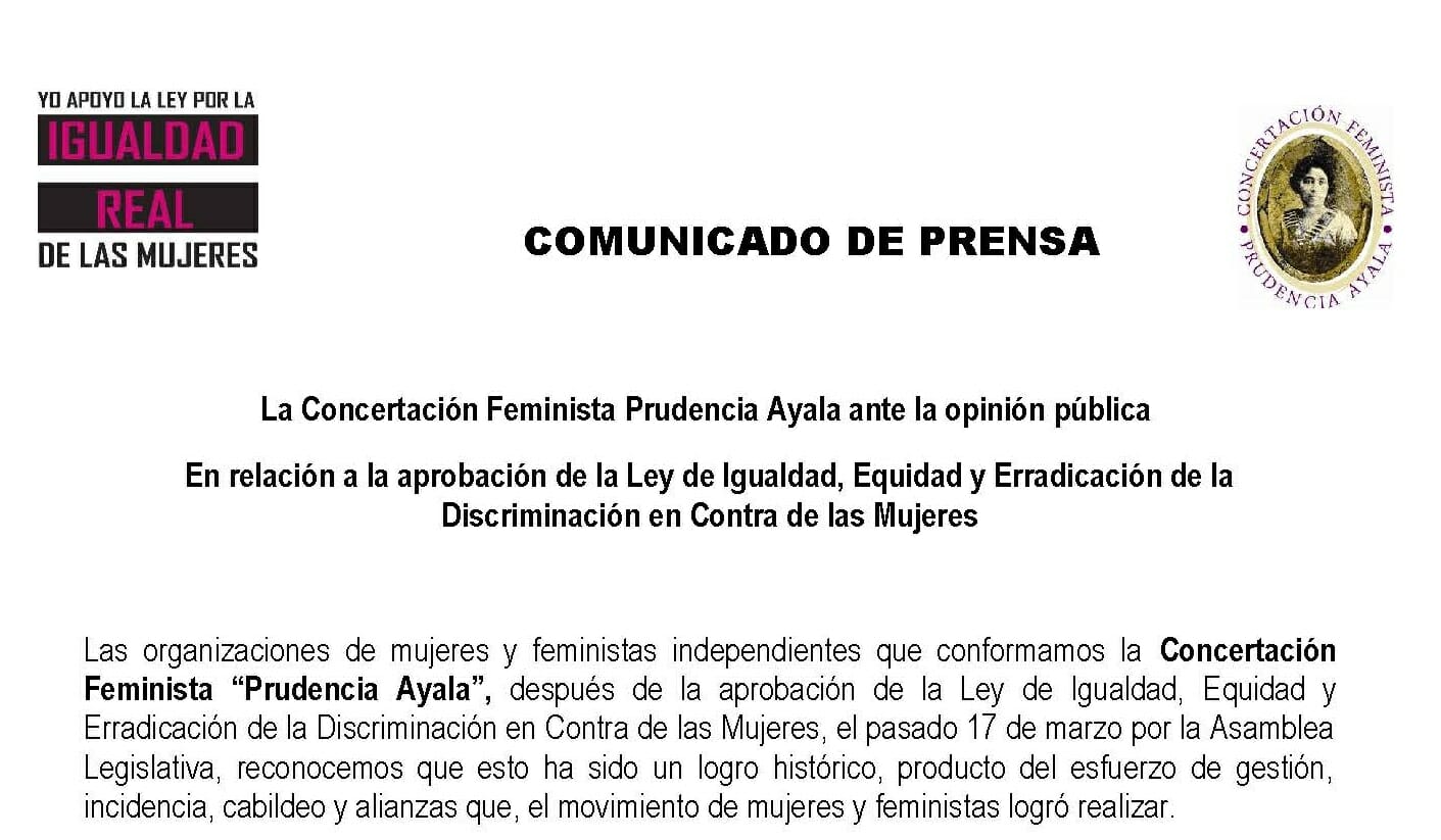 La Concertación Feminista Prudencia Ayala ante la opinión pública. En relación a la aprobación de la Ley de Igualdad, Equidad y Erradicación de la Discriminación en Contra de las Mujeres | Comunicado 24MAR 2011