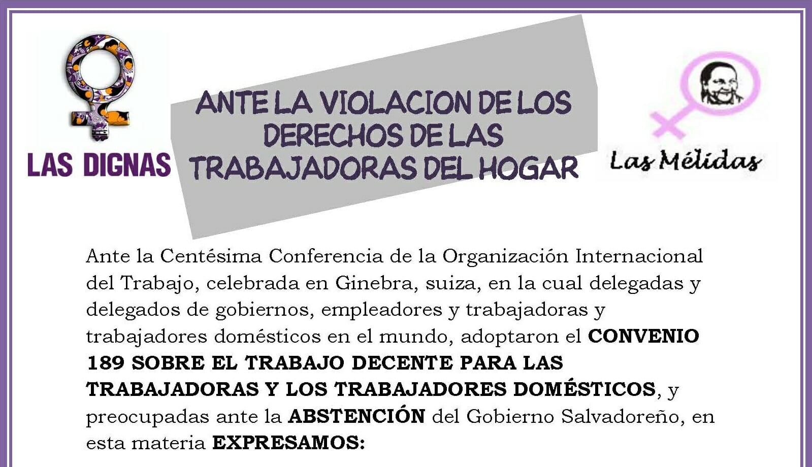 ANTE LA VIOLACIÓN DE LOS DERECHOS DE LAS TRABAJADORAS DEL HOGAR | COMUNICADO 22JUN 2011
