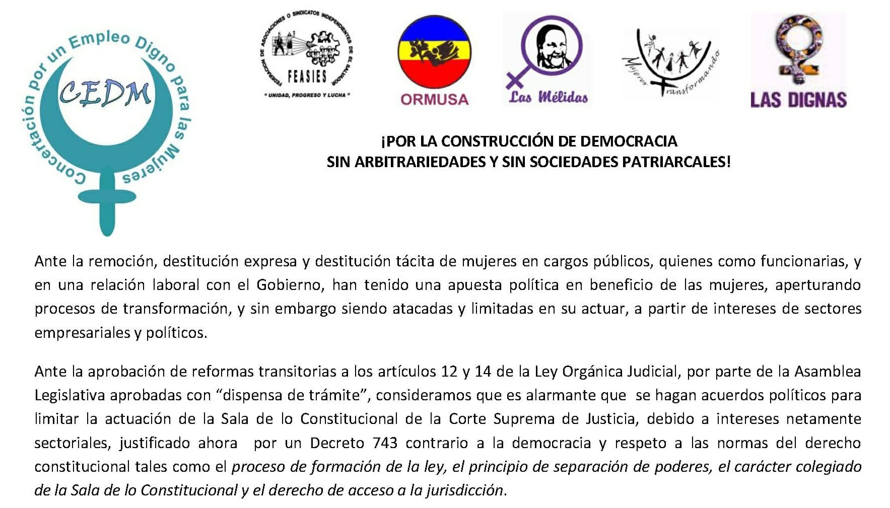 ¡POR LA CONSTRUCCIÓN DE DEMOCRACIA SIN ARBITRARIEDADES Y SIN SOCIEDADES PATRIARCALES! | COMUNICADO 13JUN 2011