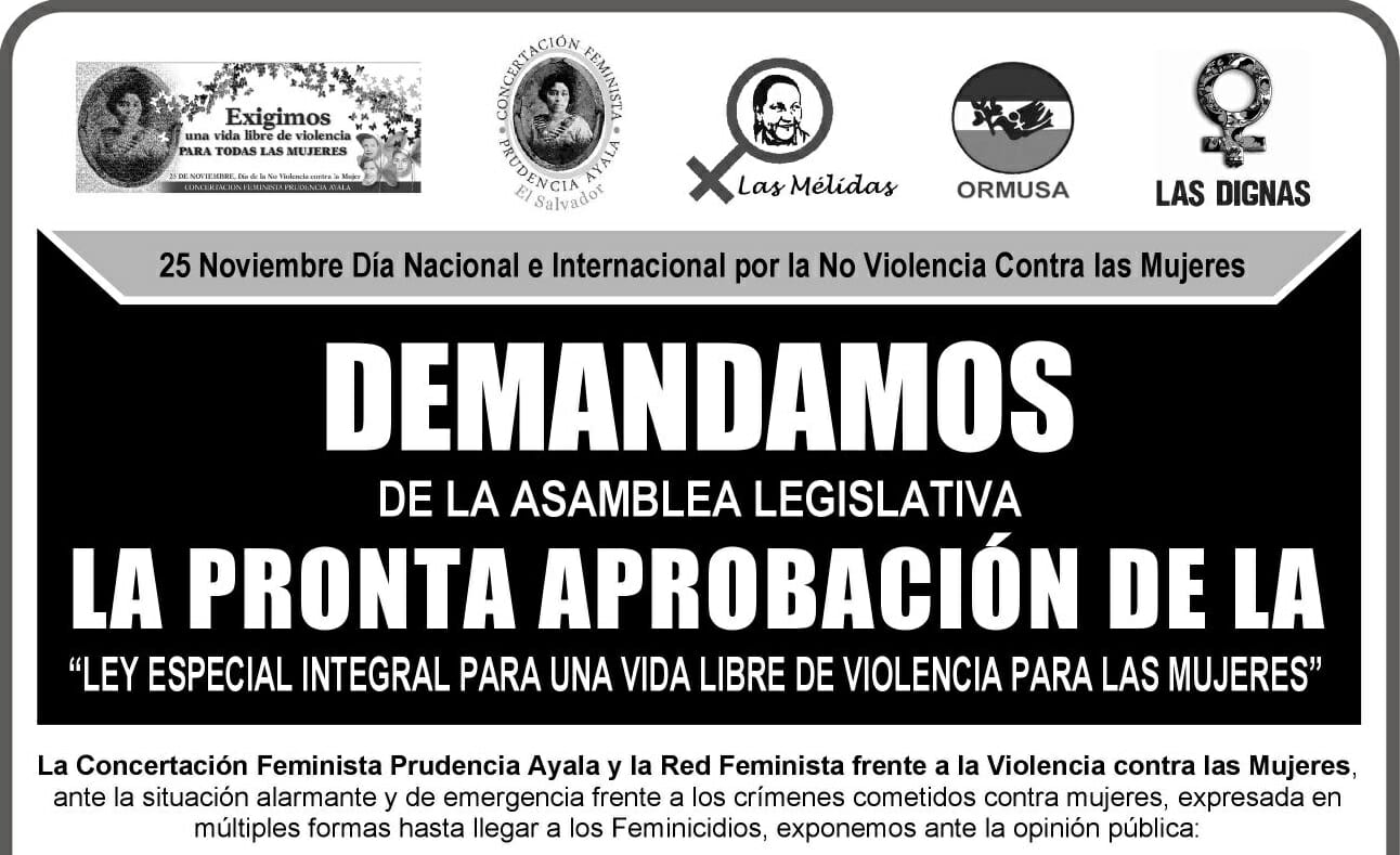 DEMANDAMOS DE LA ASAMBLEA LEGISLATIVA LA PRONTA APROBACIÓN DE LA «LEY ESPECIAL INTEGRAL PARA UNA VIDA LIBRE DE VIOLENCIA PARA LAS MUJERES» | COMUNICADO 25NOV 2010