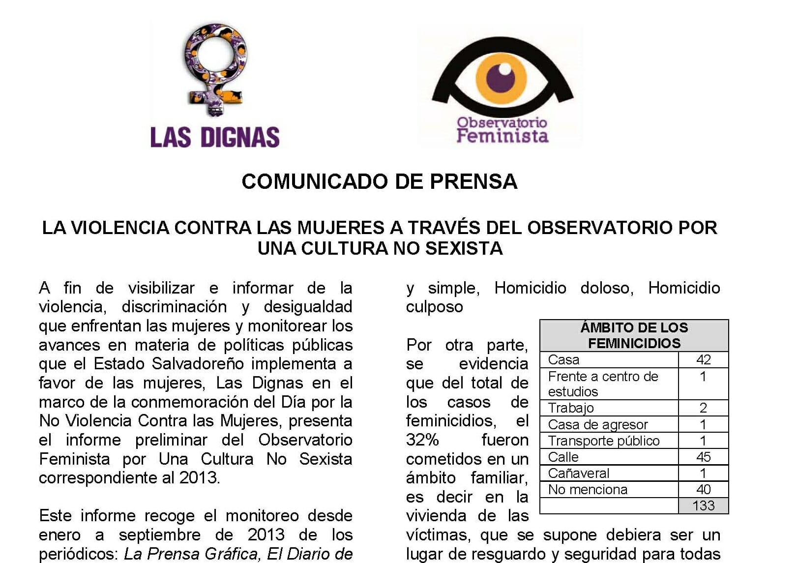 LA VIOLENCIA CONTRA LAS MUJERES A TRAVÉS DEL OBSERVATORIO POR UNA CULTURA NO SEXISTA | COMUNICADO 2013