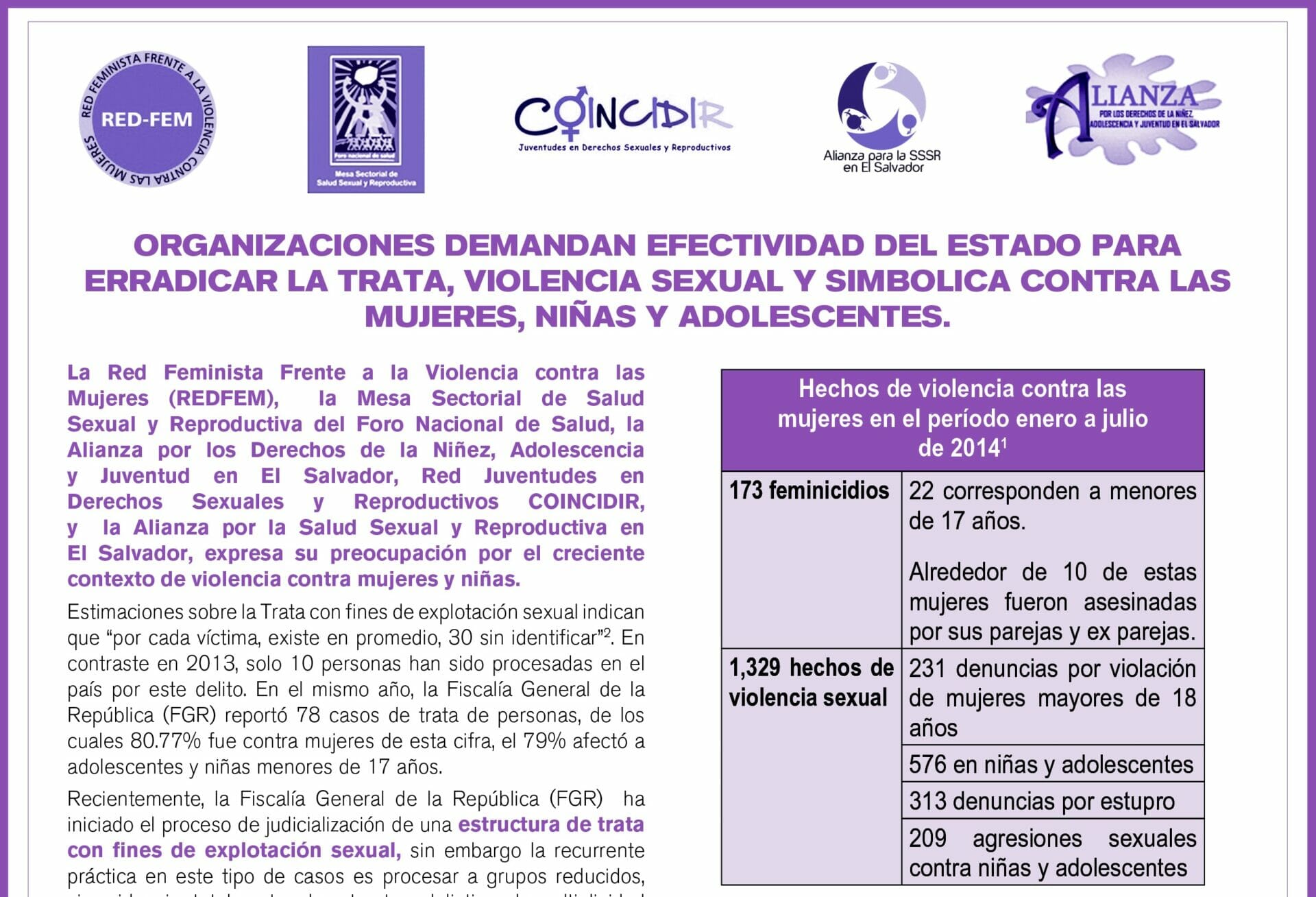 ORGANIZACIONES DEMANDAN EFECTIVIDAD DEL ESTADO PARA ERRADICAR LA TRATA, VIOLENCIA SEXUAL Y SIMBÓLICA CONTRA LAS MUJERES, NIÑAS Y ADOLESCENTES | COMUNICADO 8SEPT 2014