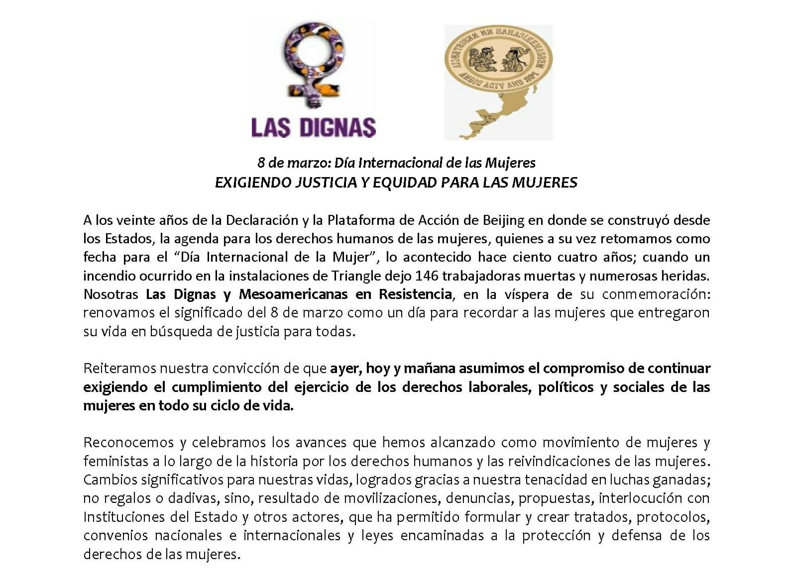 EXIGIENDO JUSTICIA Y SEGURIDAD PARA LAS MUJERES | COMUNICADO MARZO 6  2015