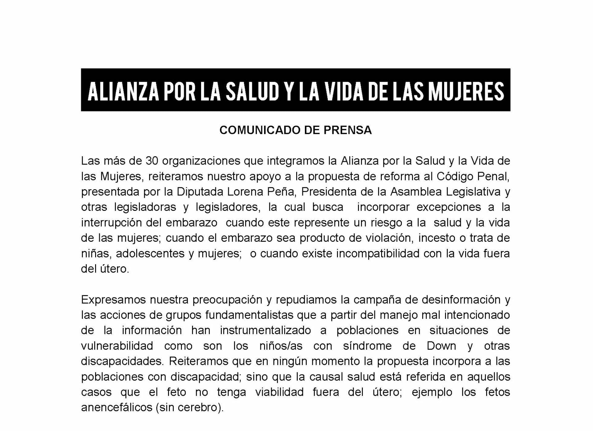 COMUNICADO DE PRENSA : ALIANZA POR LA SALUD Y VIDA DE LAS MUJERES 19.10.2016