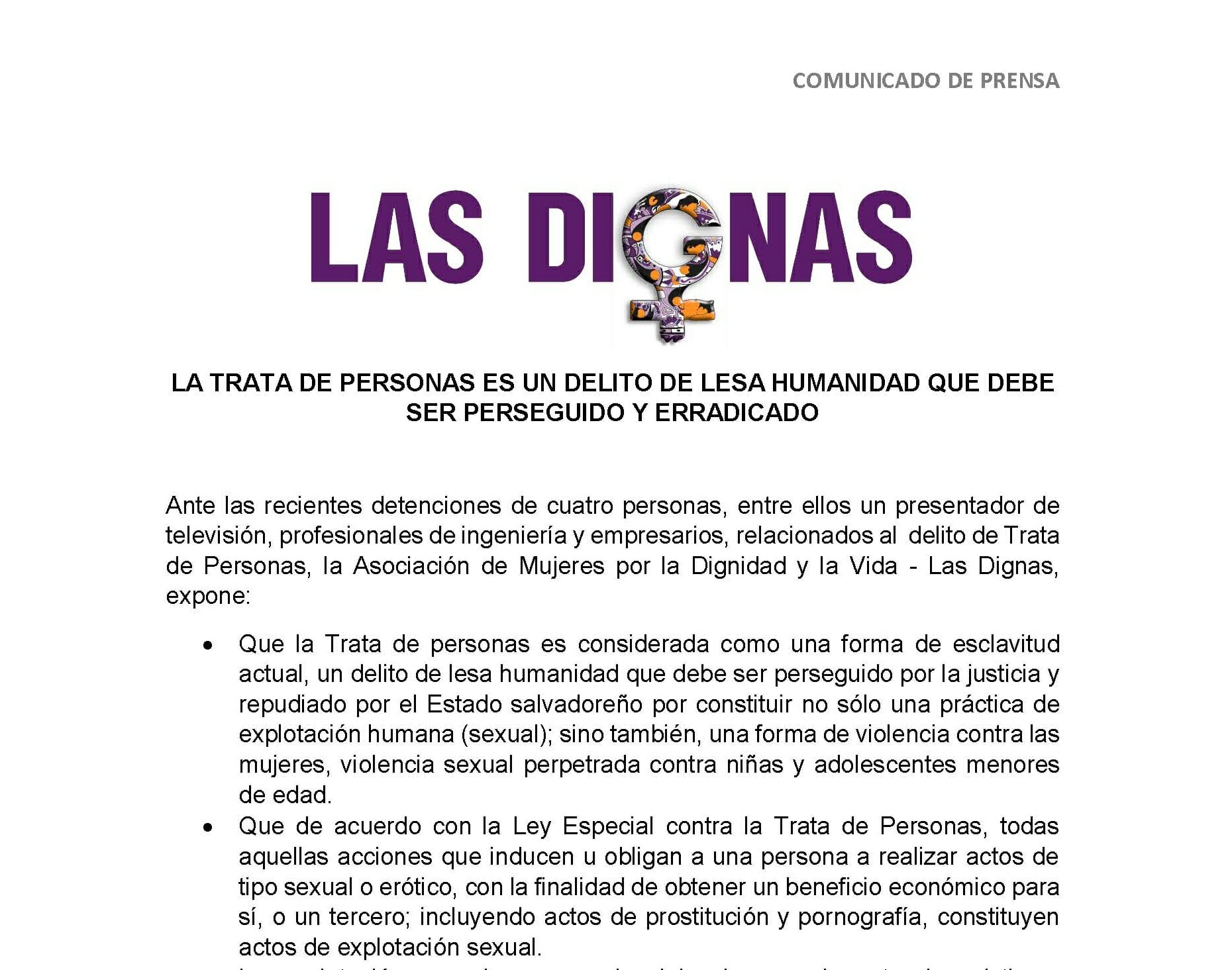 COMUNICADO DE PRENSA: LA TRATA DE PERSONAS ES UN DELITO DE LESA HUMANIDAD QUE DEBE SER PERSEGUIDO Y ERRADICADO │ 07.01.17