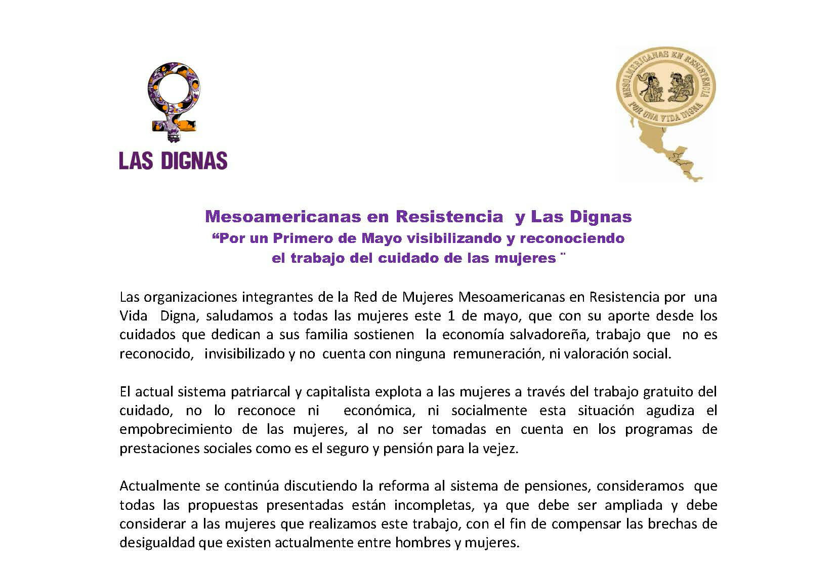 COMUNICADO 1 DE MAYO | MESOAMERICANAS EN RESISTENCIA Y LAS DIGNAS 2017