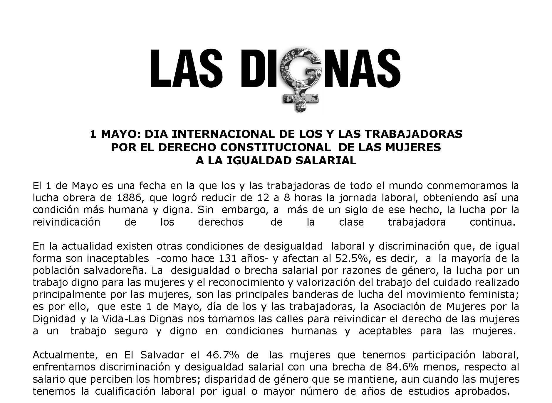 1 MAYO DIA INTERNACIONAL DE LOS Y LAS TRABAJADORAS: POR EL DERECHO CONSTITUCIONAL  DE LAS MUJERES  A LA IGUALDAD SALARIAL | 2017