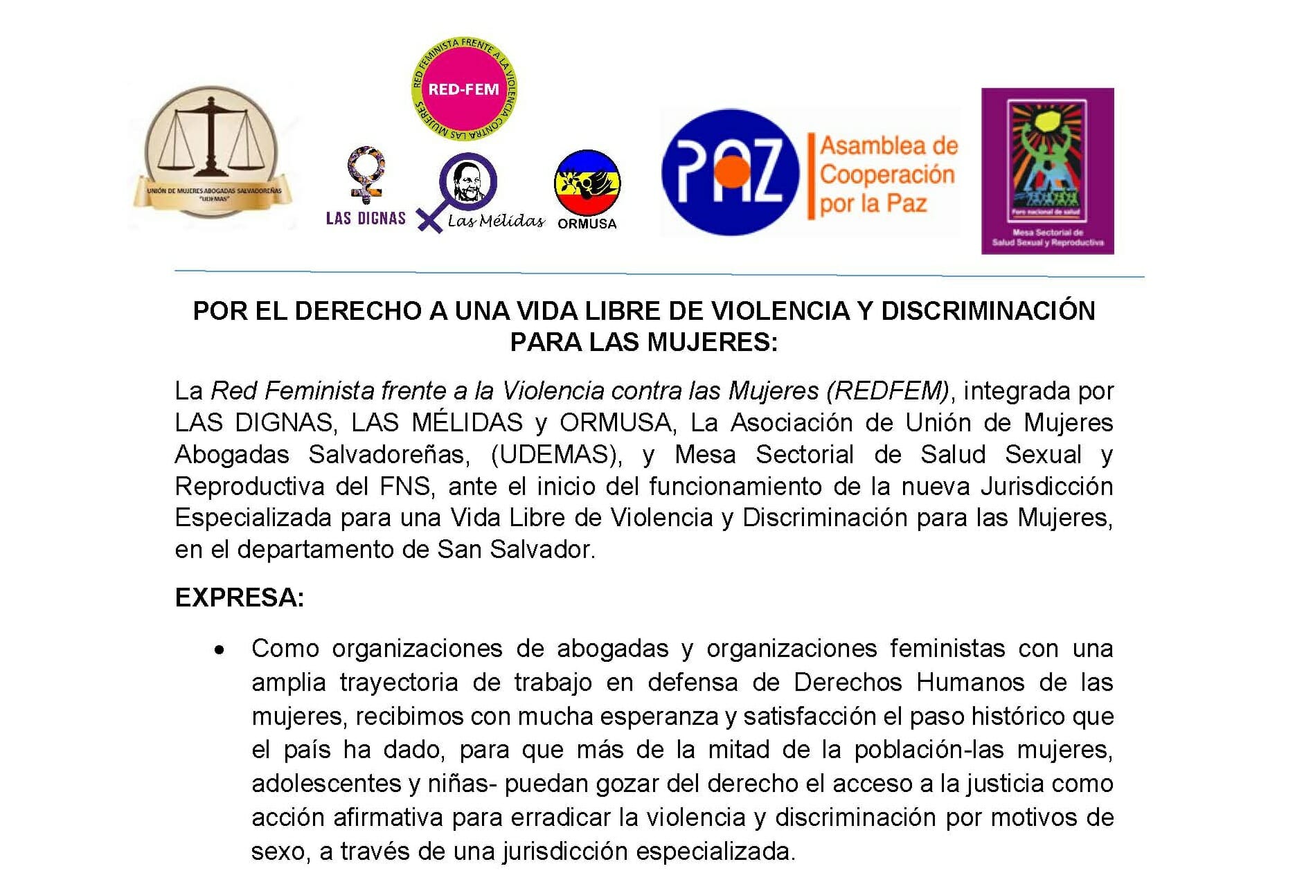 POR EL DERECHO A UNA VIDA LIBRE DE VIOLENCIA Y DISCRIMINACION PARA LAS MUJERES | COMUNICADO 05.07.17