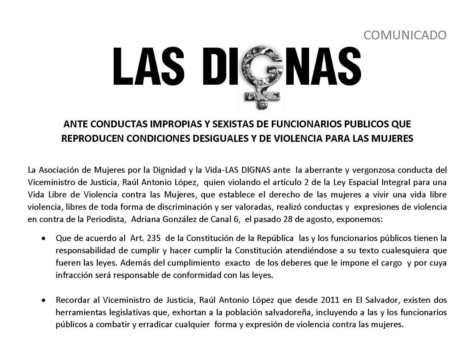 ANTE CONDUCTAS IMPROPIAS Y SEXISTAS DE FUNCIONARIOS PUBLICOS QUE  REPRODUCEN CONDICIONES DESIGUALES Y DE VIOLENCIA PARA LAS MUJERES | 01.09.17
